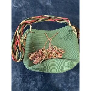 Boho Hand Woven Green Tassel Crossbody Bucket Bag Artisan